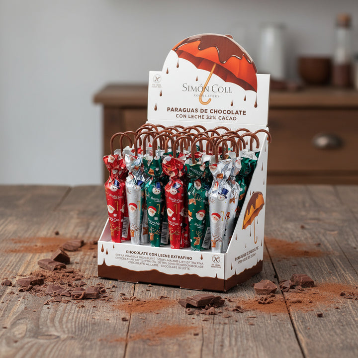 Display of chocolate umbrellas with 'Simon Coll' branding on a white background