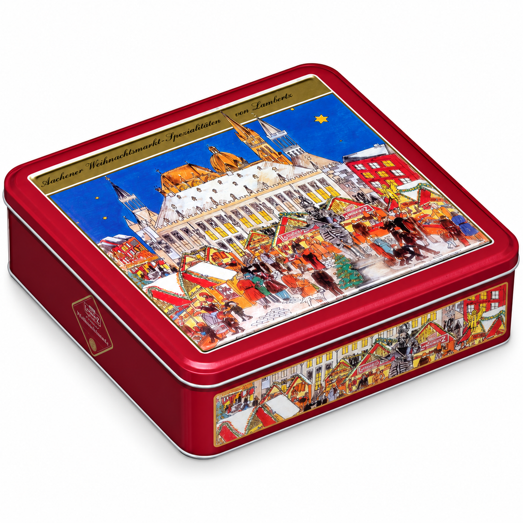 Lambertz Christmas Market Weihnachtsmarkt cookie tin on a white background