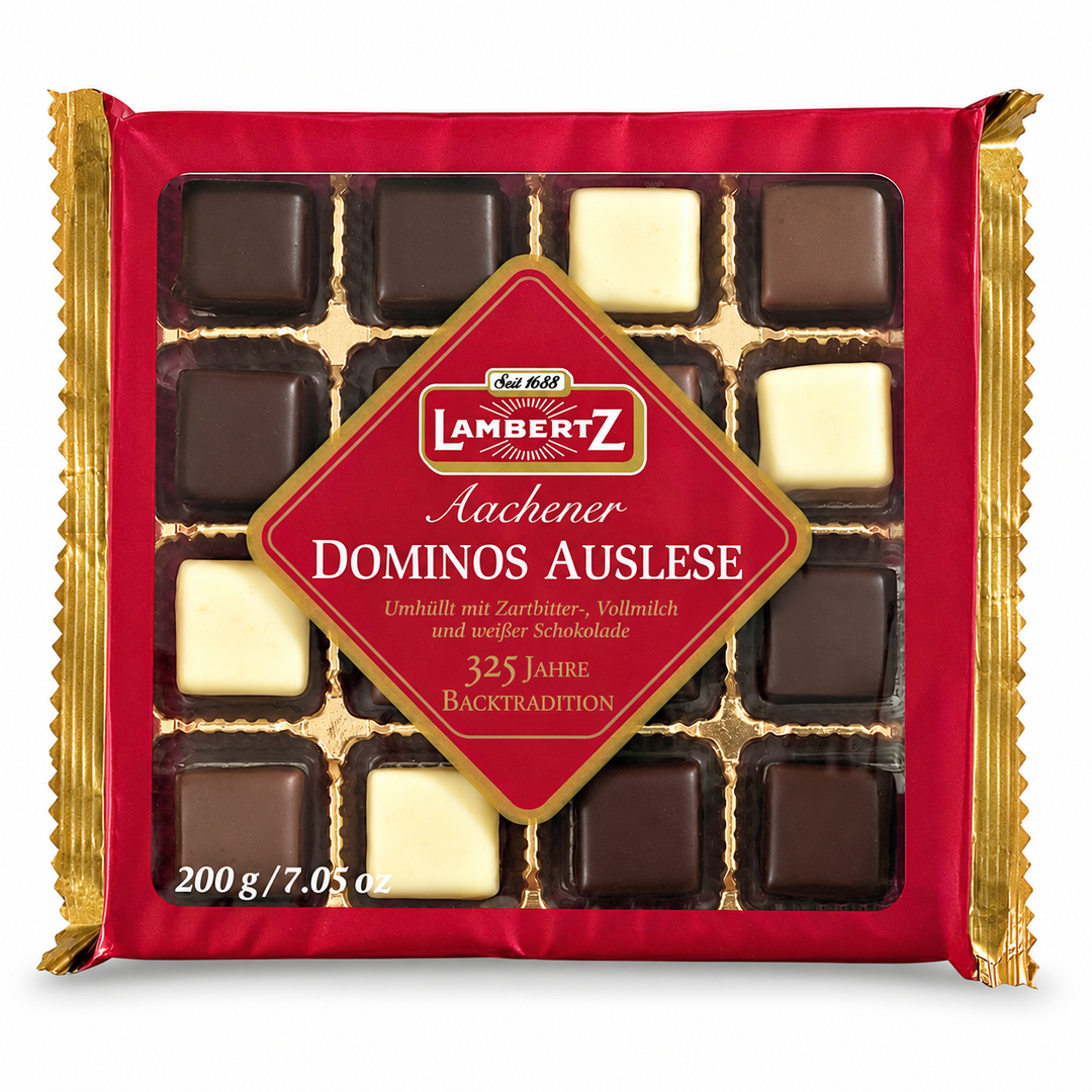 Lambertz Dominos Auslese chocolate assortment package on a white background