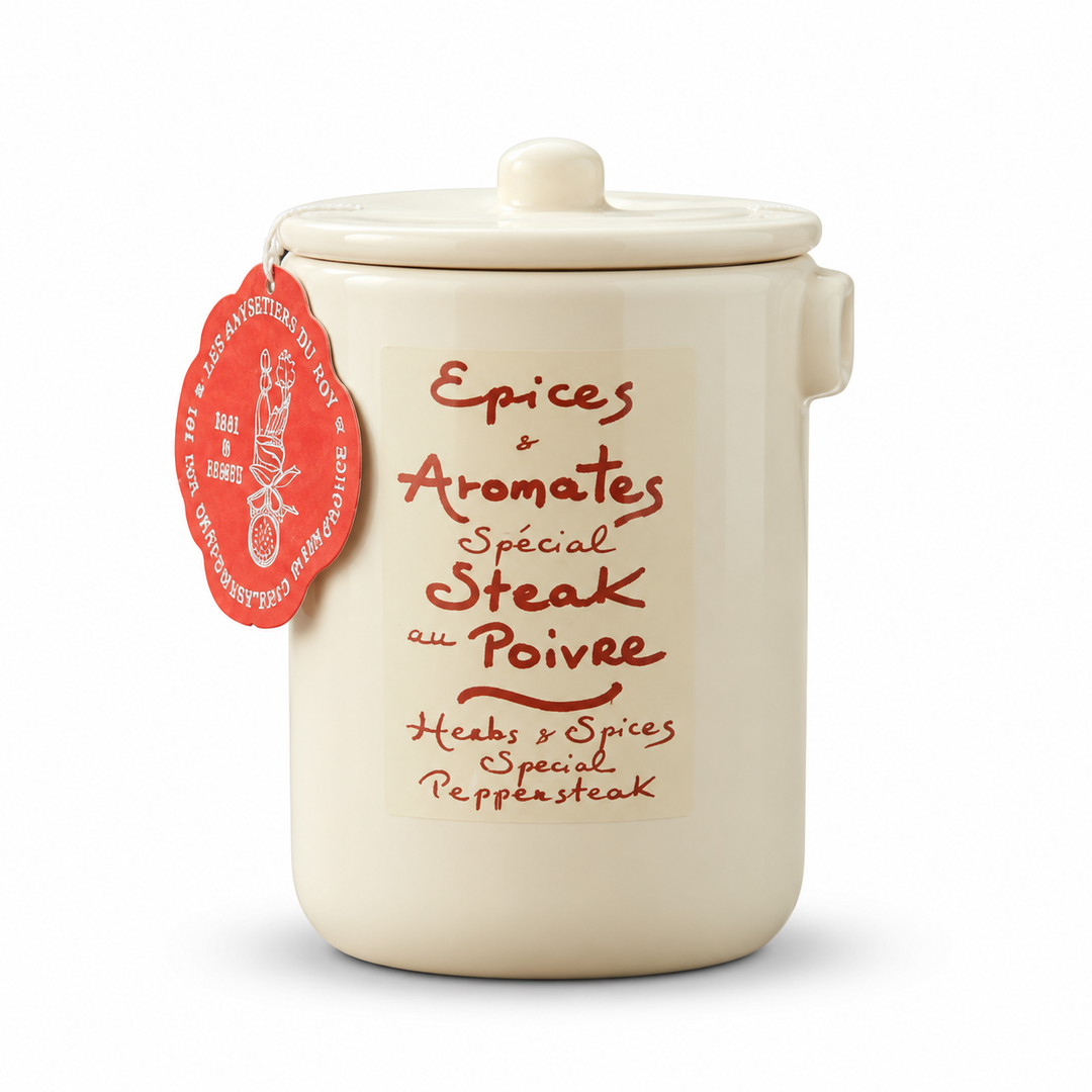 Anysetiers du Roy Steak Au Poivre herb and spice ceramic pot on white background