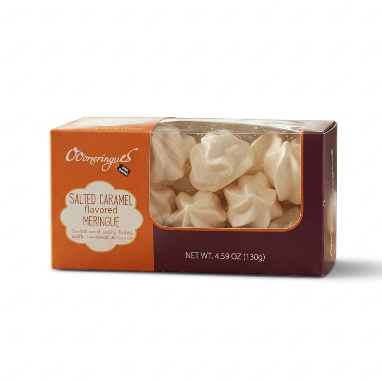 A package of O'Connagles Salted Caramel Flavored Meringue dumplings, showing the orange and dark maroon packaging with a clear window displaying the dumplings inside, set against a plain white background.