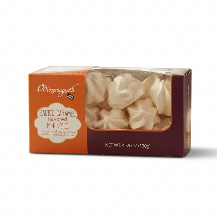 A package of O'Connagles Salted Caramel Flavored Meringue dumplings, showing the orange and dark maroon packaging with a clear window displaying the dumplings inside, set against a plain white background.