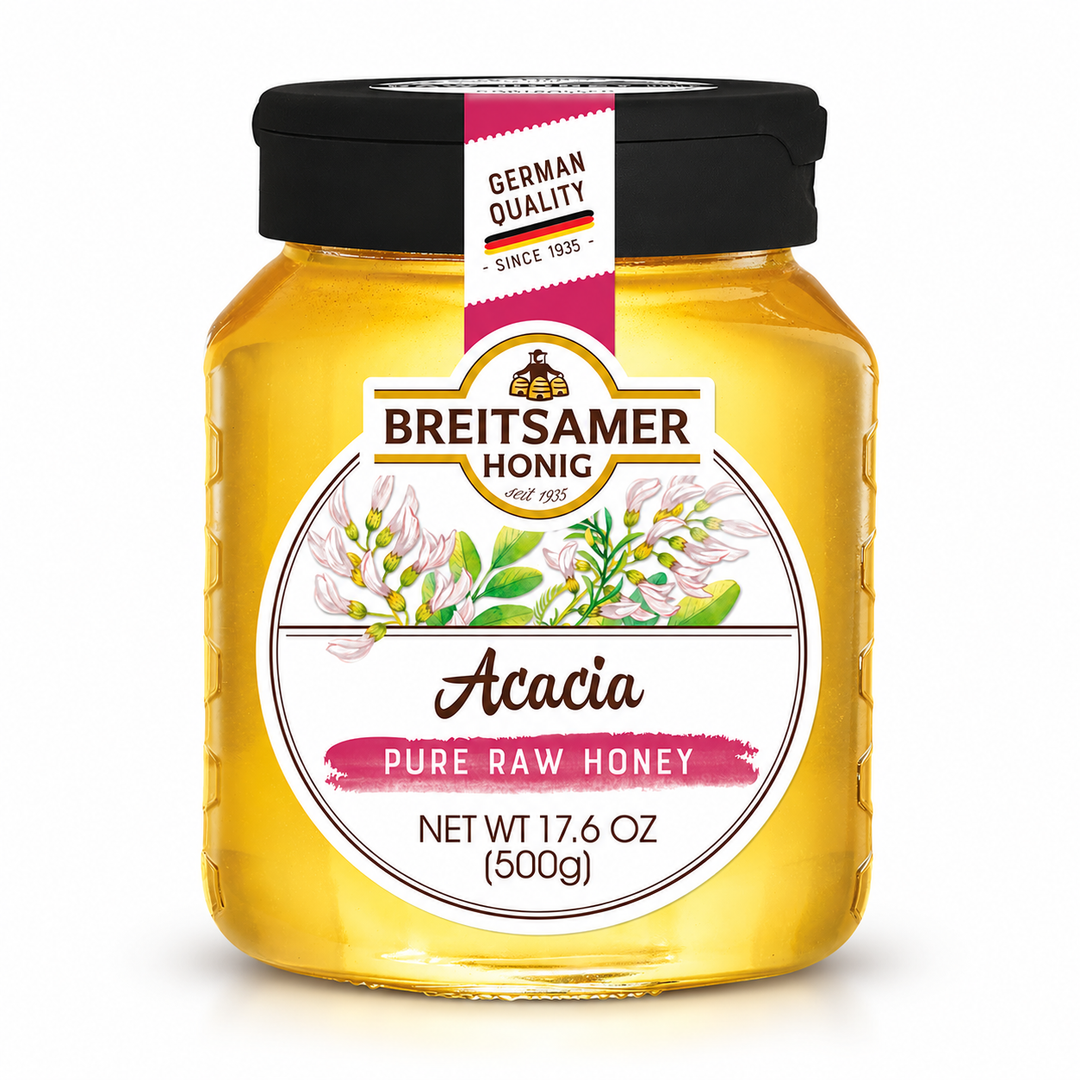Breitsamer Acacia Pure Raw Honey jar on white background