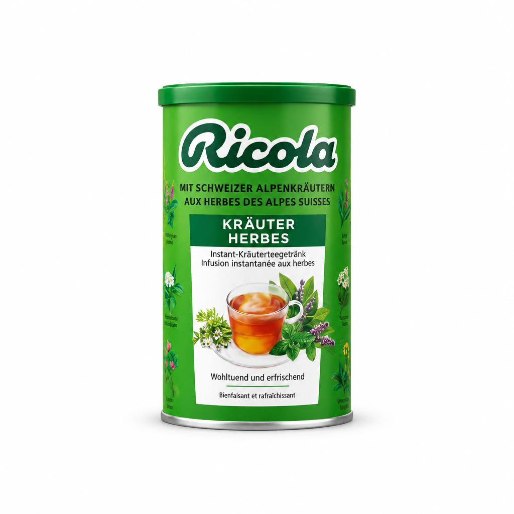 Ricola Kräuter Herbs instant herbal tea canister centered on a pure white background