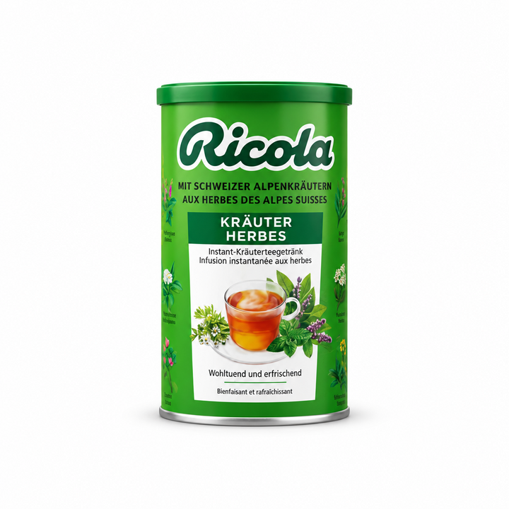 Ricola Kräuter Herbs instant herbal tea canister centered on a pure white background