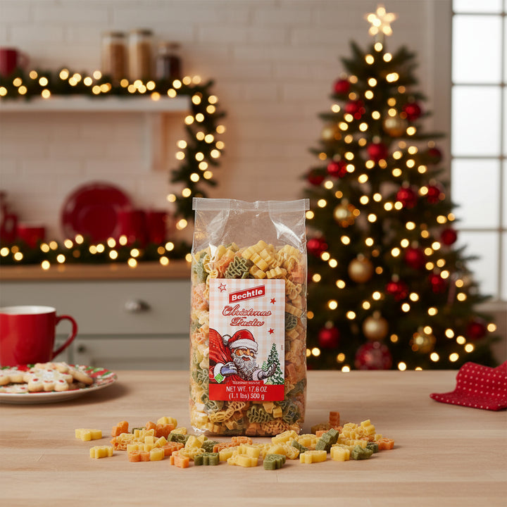 Bechtle Christmas Tree Pasta 17.6 oz bag with festive tree-shaped pasta in a holiday kitchen
