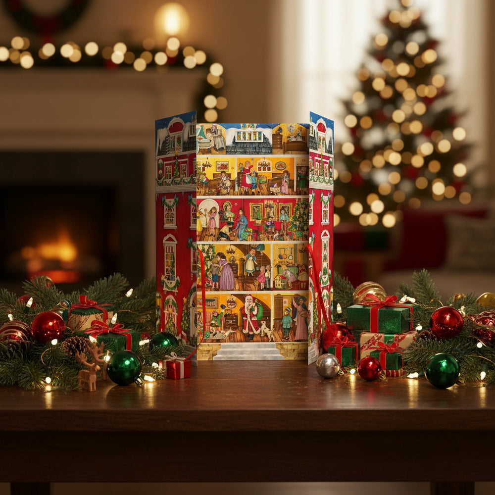 Decorative Advent calendar with festive scenes and characters on a white background