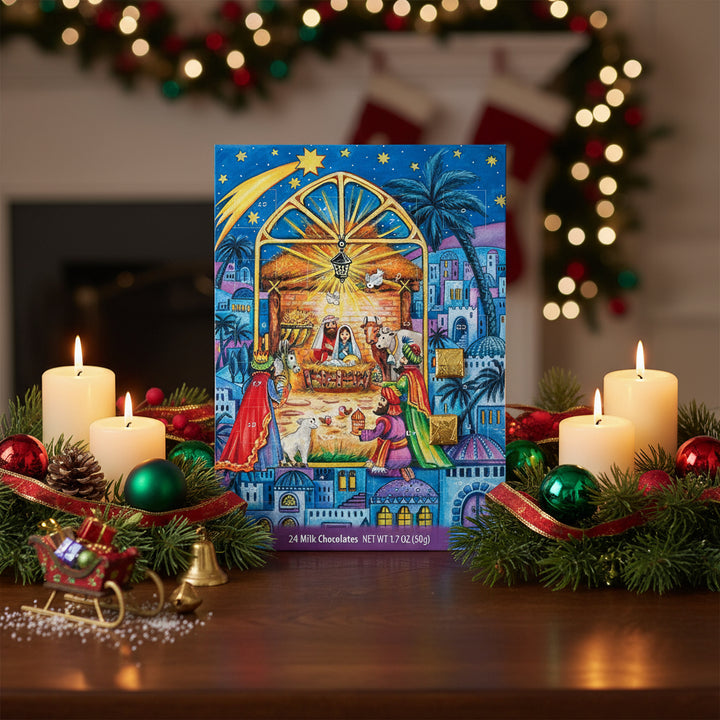 Chocolate packaging with a nativity scene illustration on a blue background