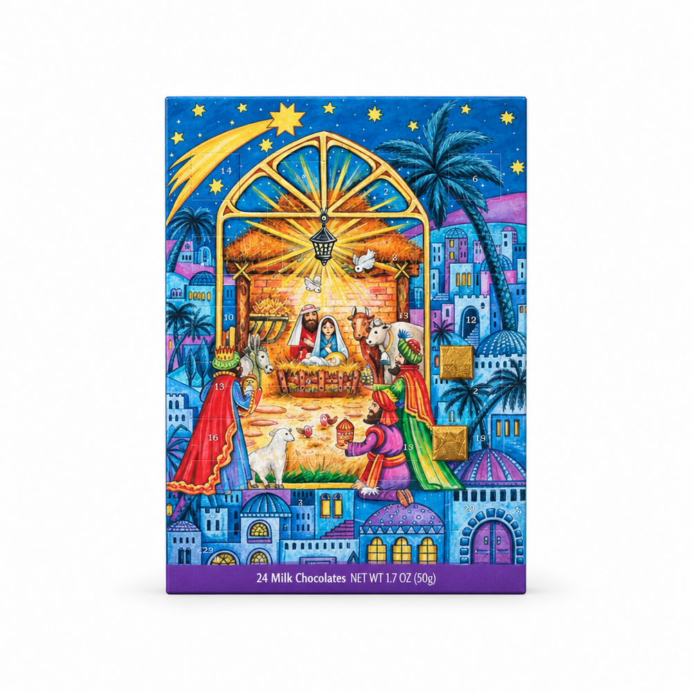 Erika's Pantry blue-arch nativity scene milk chocolate Advent calendar on white background