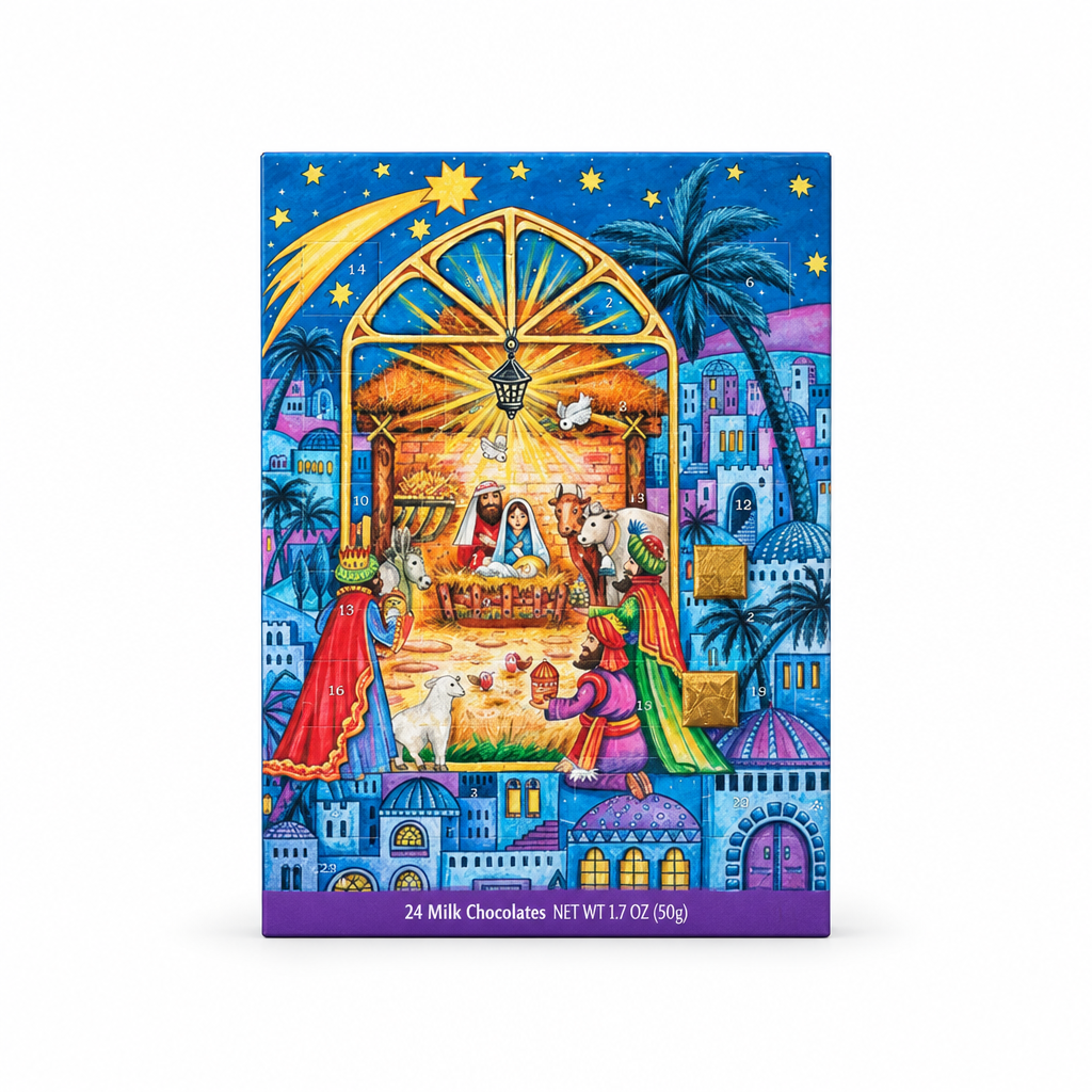 Erika's Pantry blue-arch nativity scene milk chocolate Advent calendar on white background
