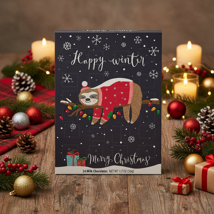 Sloth in a red sweater with Christmas lights on a dark blue background with snowflakes and text.