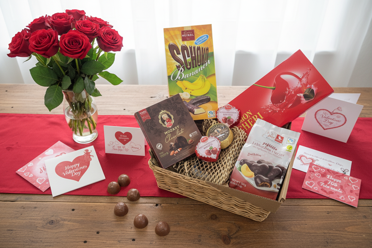 Assorted snacks and treats with a Valentine's theme on a wooden surface.