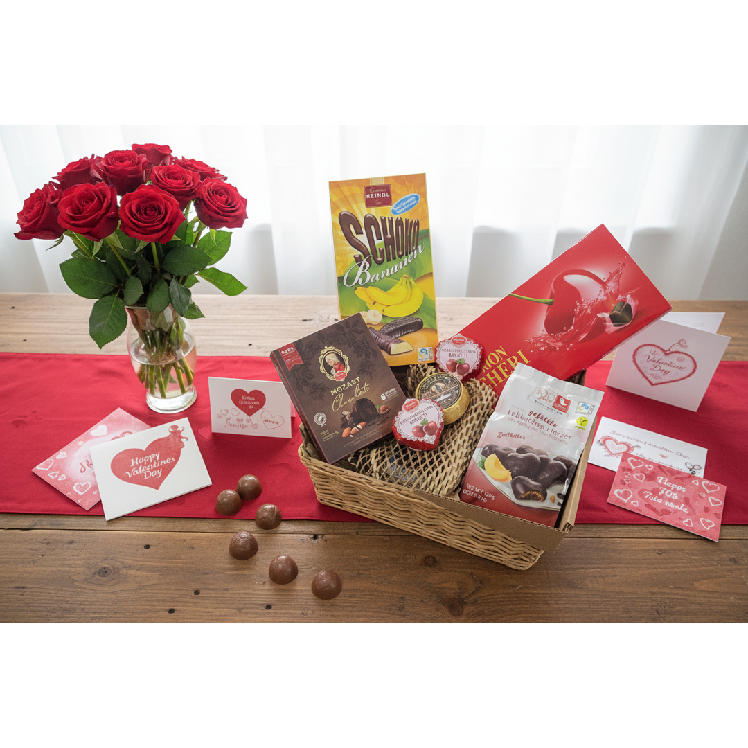 Assorted snacks and treats with a Valentine's theme on a wooden surface.