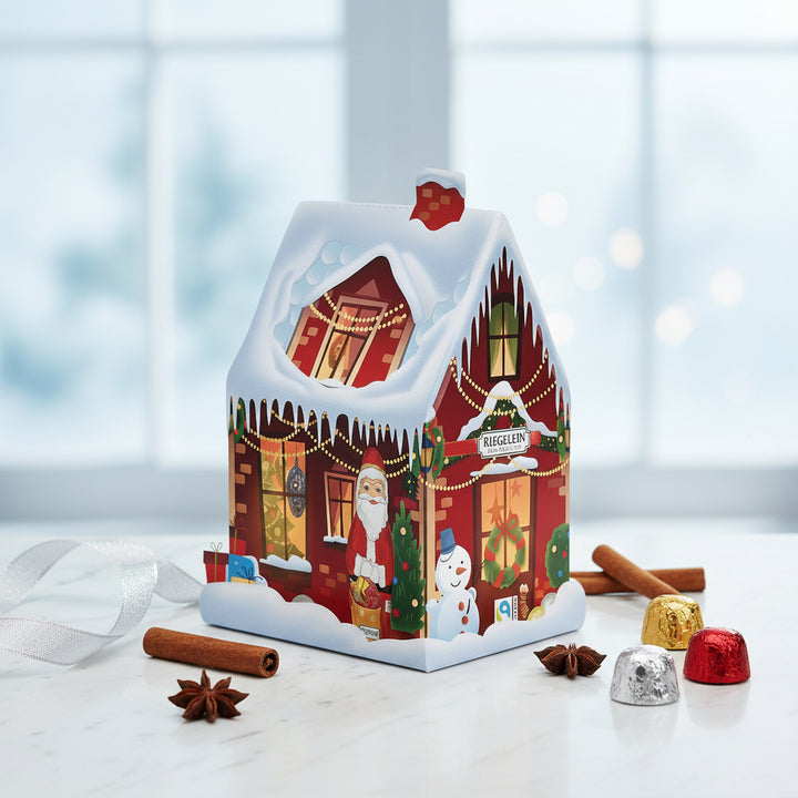 Riegelein Christmas House gift box with assorted foil-wrapped chocolates