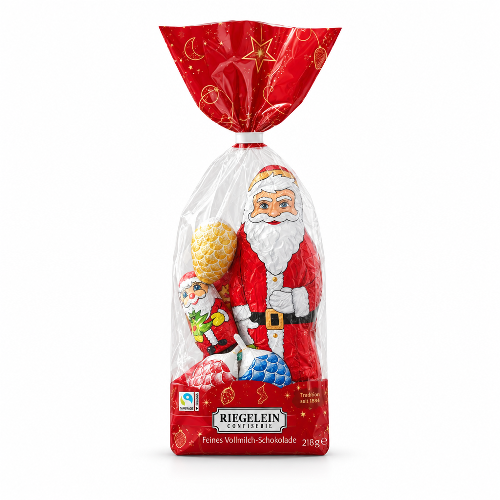 Riegelein Assorted Milk Chocolate Christmas Novelties in Holiday Bag 210g package on a white background