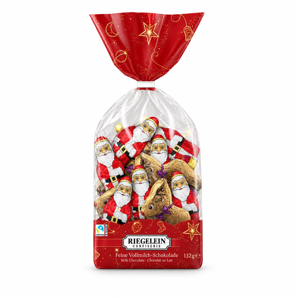 Riegelein milk chocolate reindeer and Santa figures 132 g holiday bag on a white background