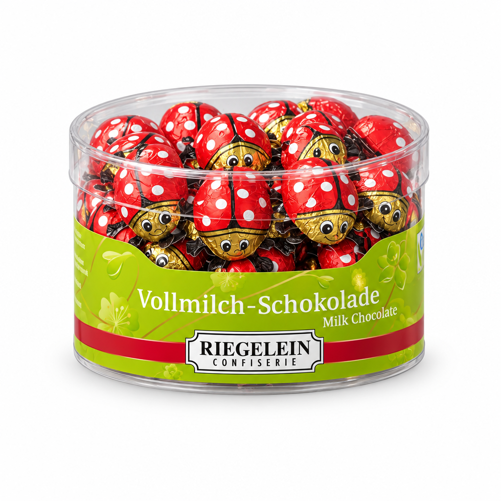 Riegelein 45-piece milk chocolate ladybug drum on white