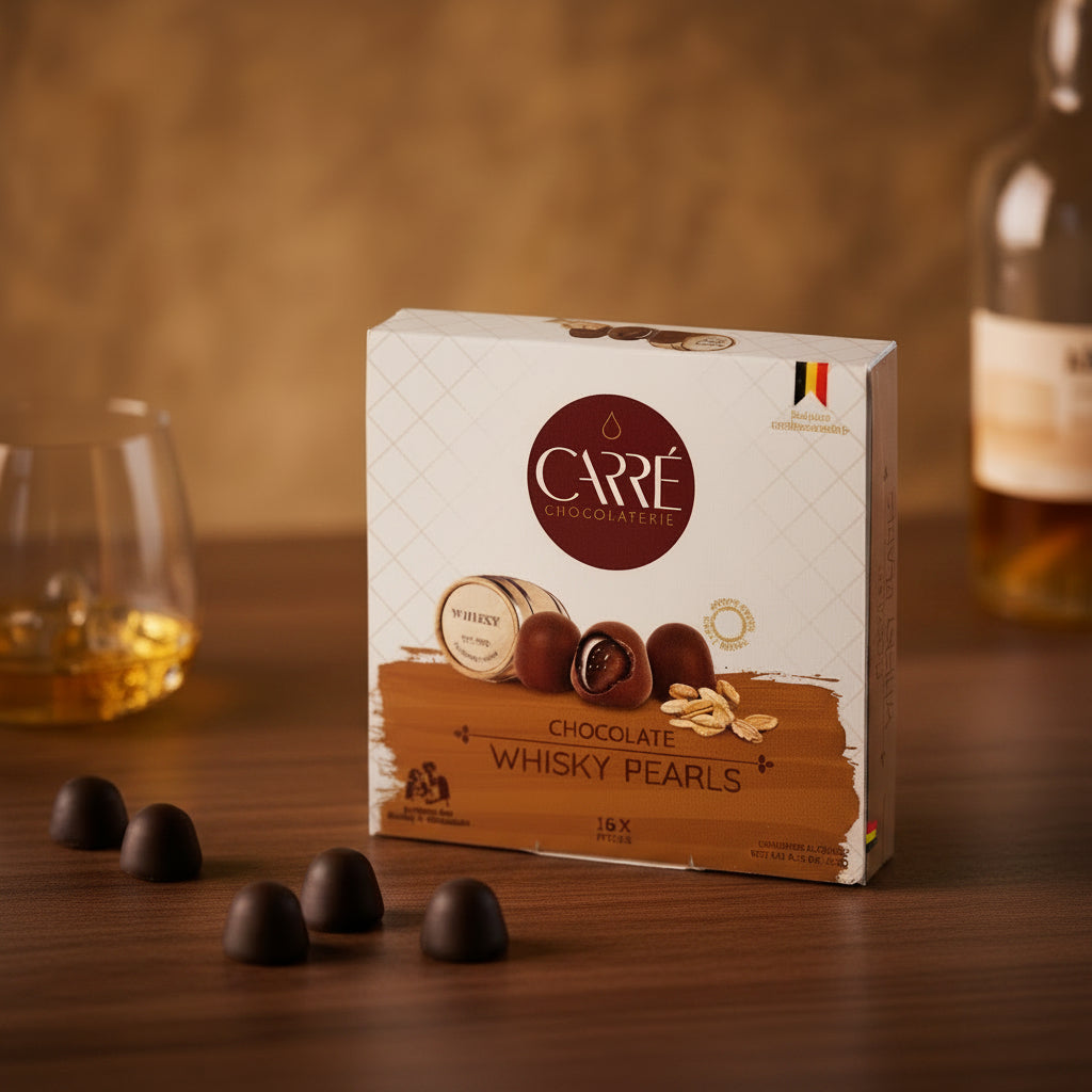 Carré Whiskey Pearls, 120 g box with chocolate pearls beside a whiskey glass