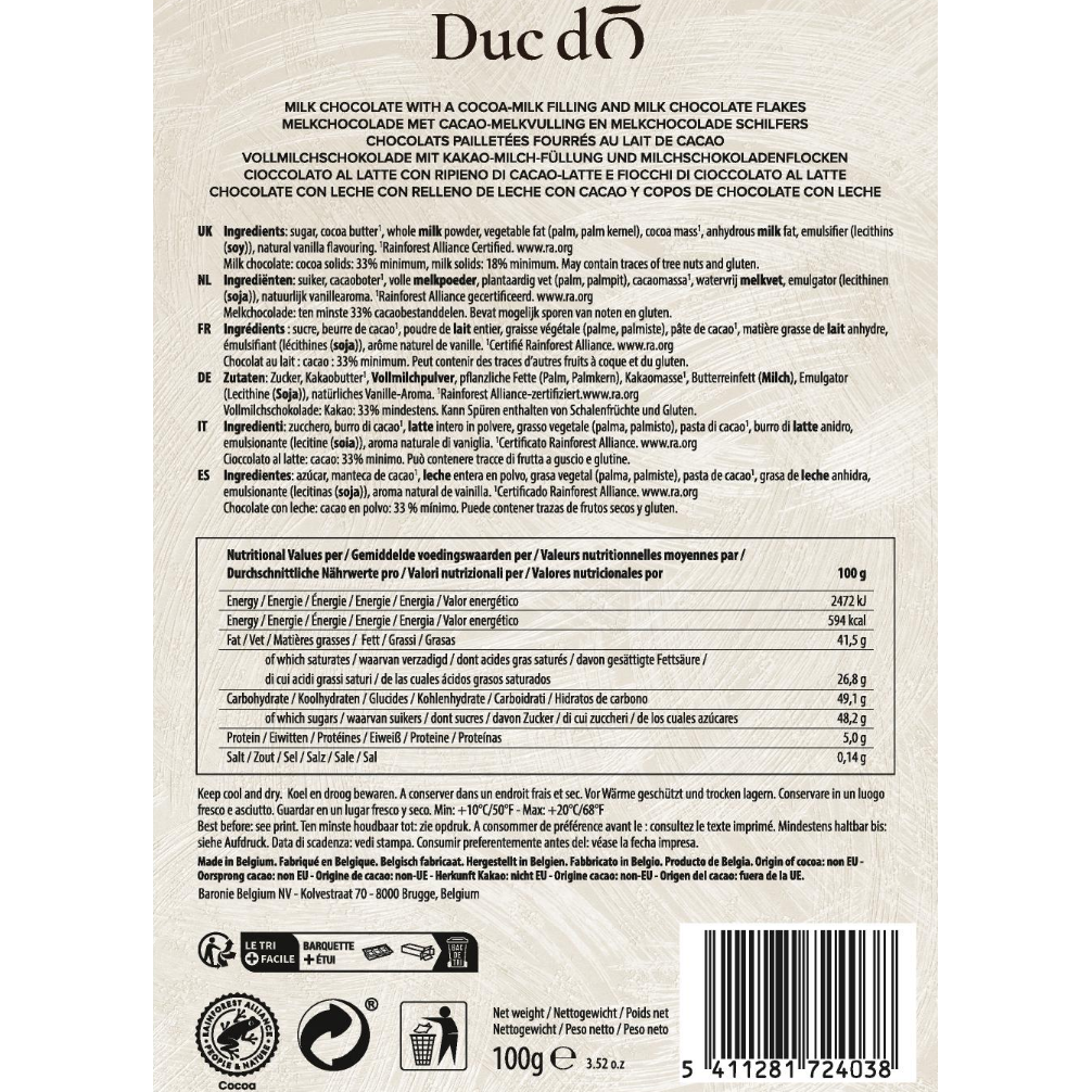 Back of Duc d’O milk flaked truffles box with ingredients, nutrition information and barcode