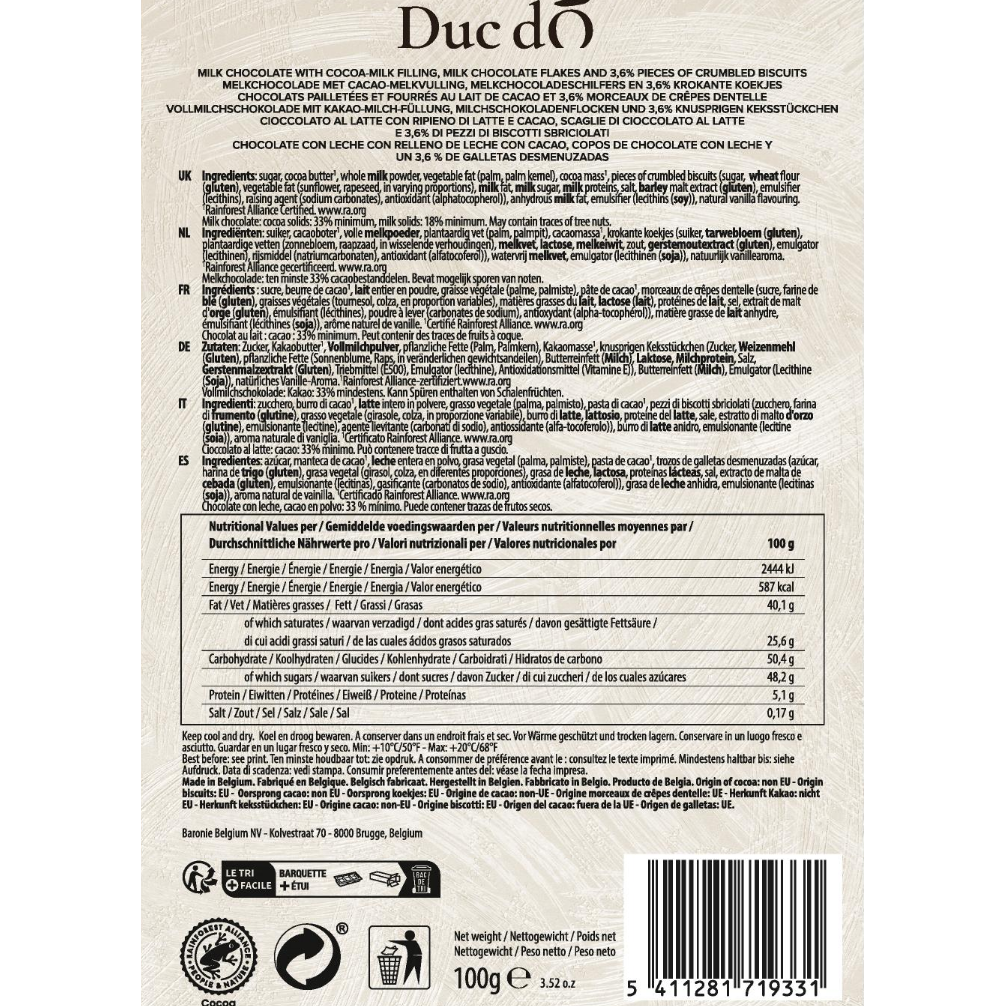 Back of Duc d’O milk crunchy biscuit flaked truffles box with ingredients, nutrition information and barcode