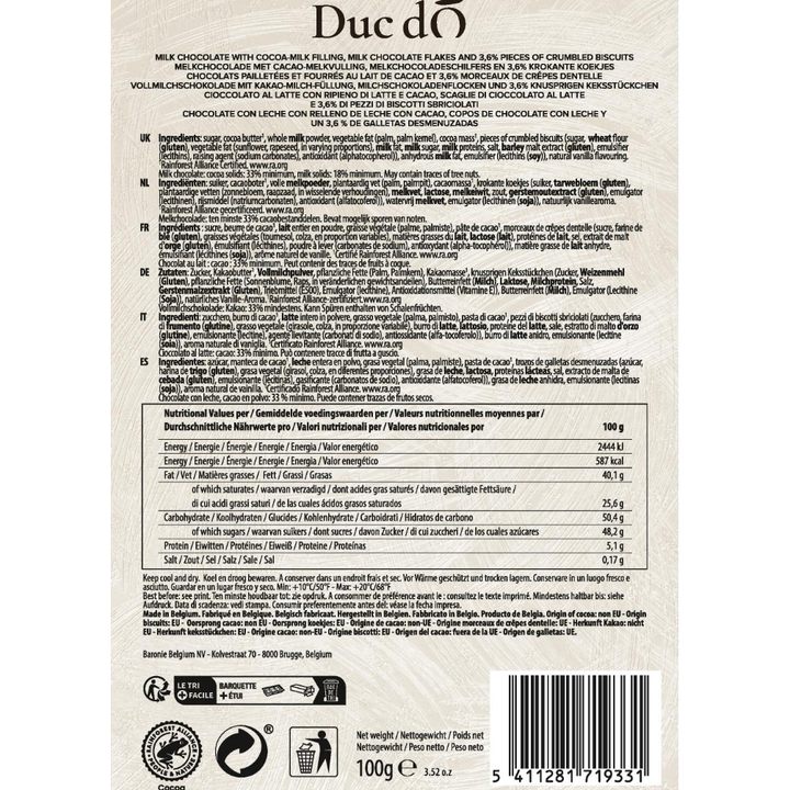 Back of Duc d’O milk crunchy biscuit flaked truffles box with ingredients, nutrition information and barcode