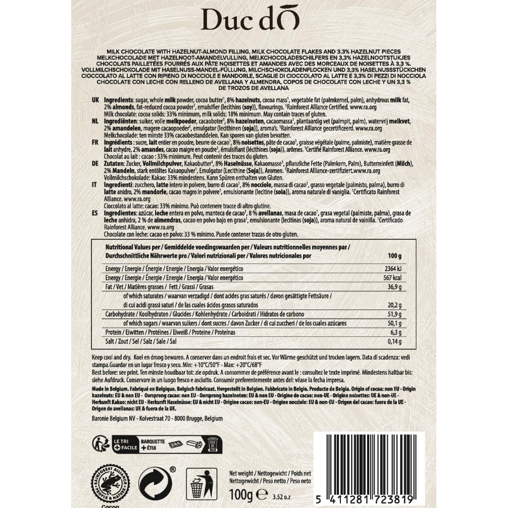 Back of Duc d’O milk hazelnut flaked truffles box showing ingredients, nutrition information and barcode