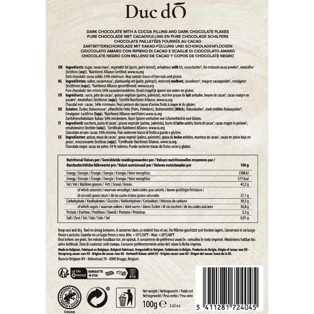 Back of Duc d’O dark flaked truffles box with ingredients, nutrition information and barcode