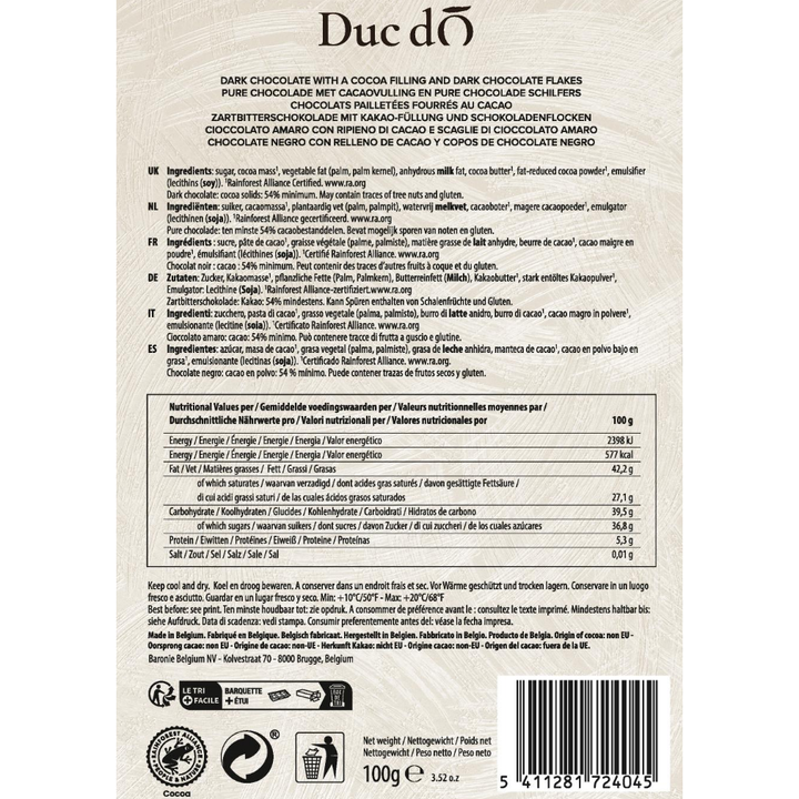 Back of Duc d’O dark flaked truffles box with ingredients, nutrition information and barcode