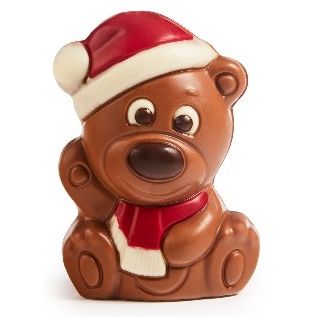 Ickx hollow milk chocolate Christmas bear with Santa hat and scarf on white