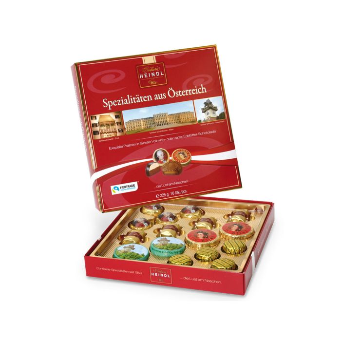 Open Heindl Chocolate Specialties of Austria 225 g assortment box on white