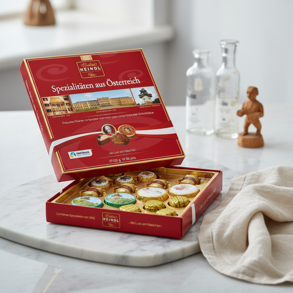 Heindl Chocolate Specialties of Austria 225 g open gift box displayed on a table