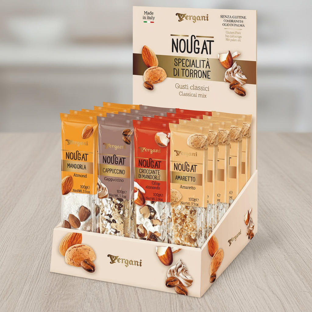 Display of Vergani nougat packets with various flavors on a white background