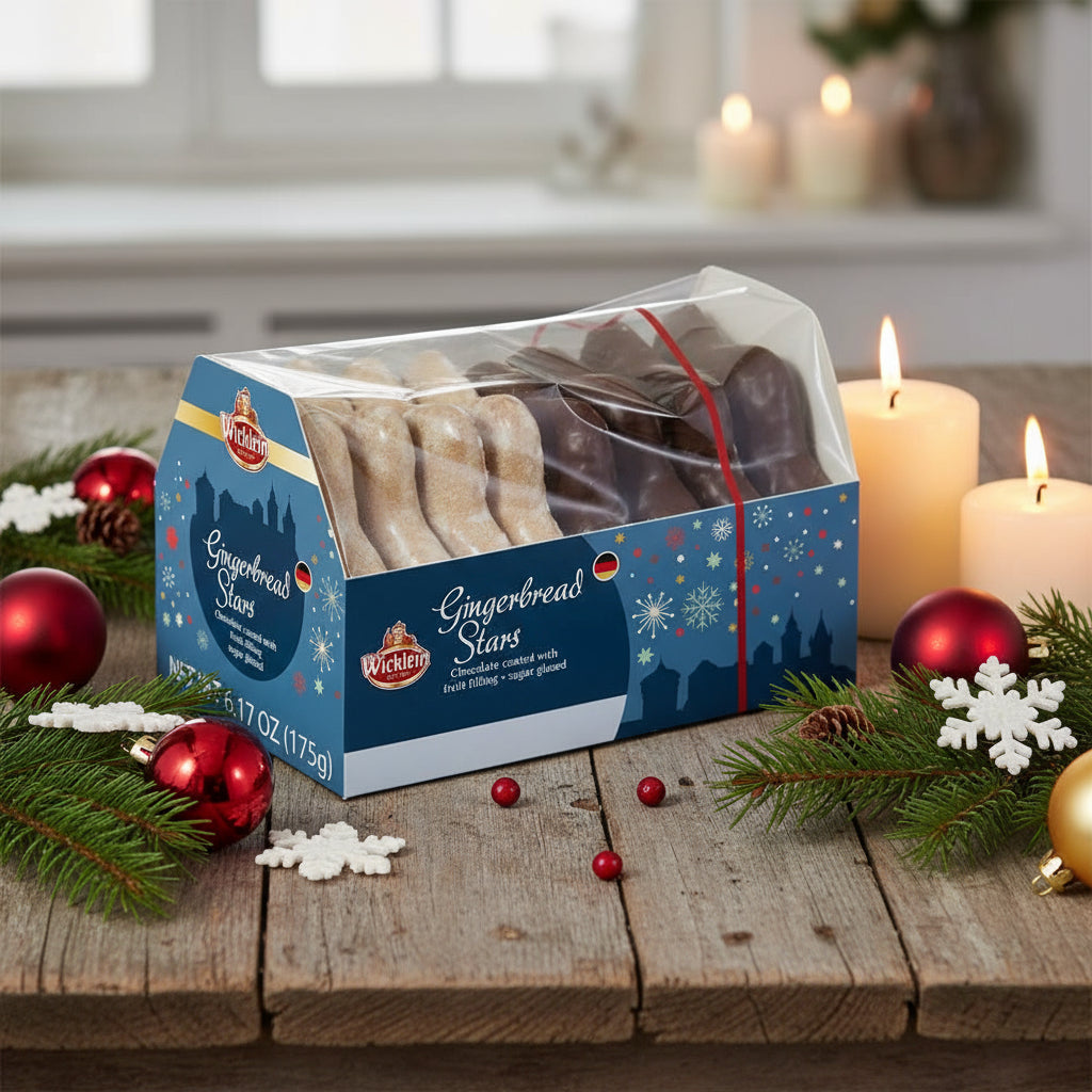 Box of Wicklein Gingerbread Stars with a clear front showing the cookies inside.