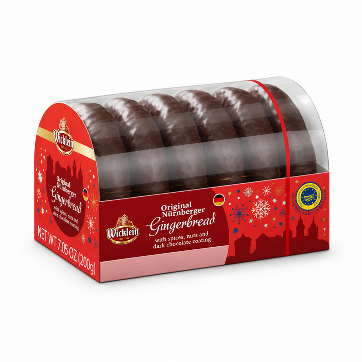 Wicklein chocolate coated Nuremberg gingerbread 200 g pack on a white background