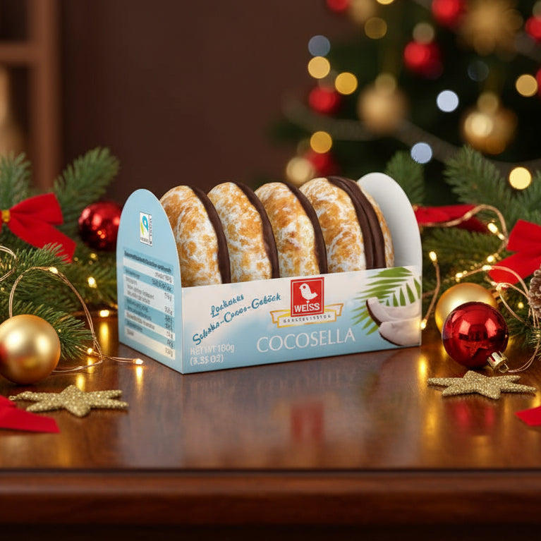 Packaging of COCOSELLA cookies with chocolate and coconut flavor, featuring the Weiss brand.