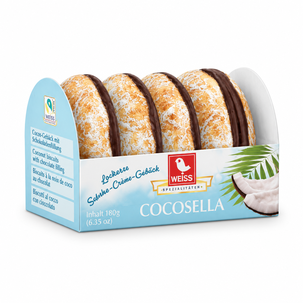 Weiss Cocosella coconut cookies with chocolate filling 180 g pack on a white background