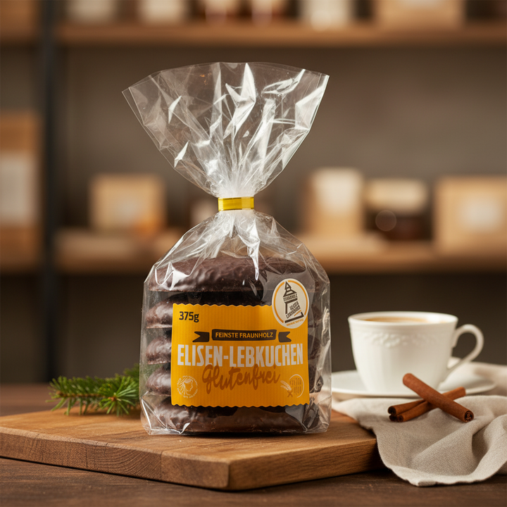 Fraunholz Gluten Free Chocolate Covered Elisen Lebkuchen, 375 g bag displayed with coffee