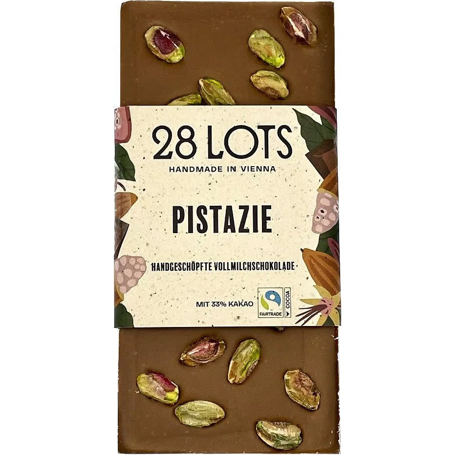 28 Lots pistachio milk chocolate, 85 g bar with whole pistachios