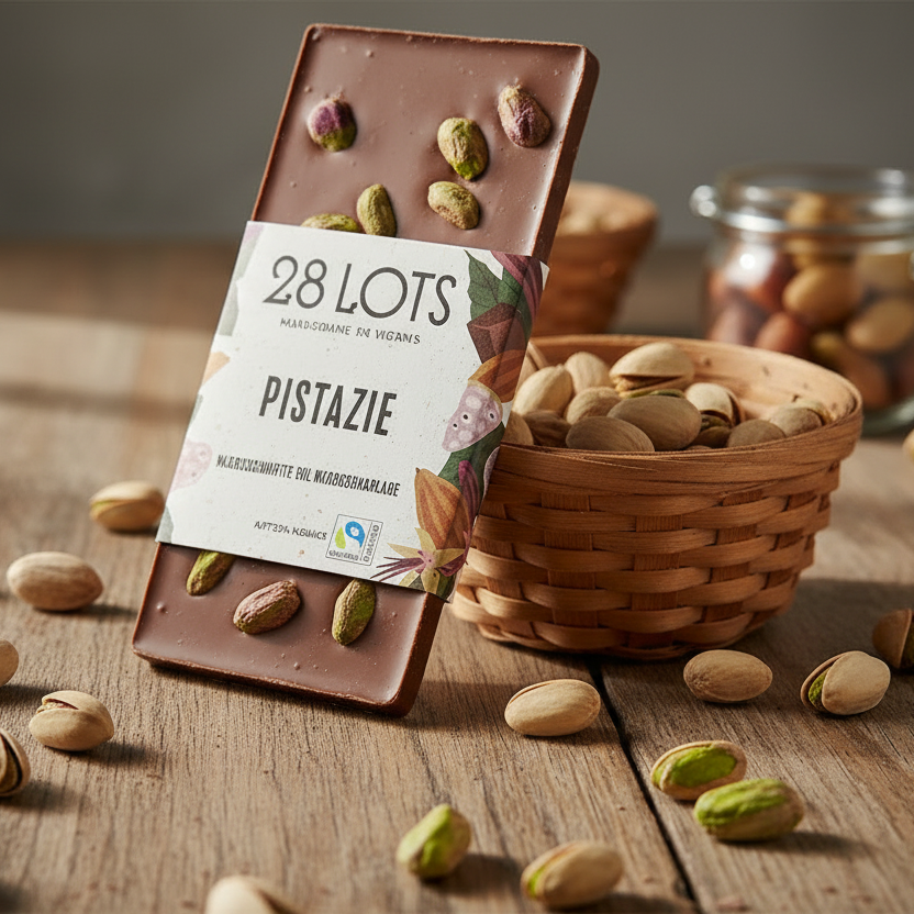 28 Lots pistachio milk chocolate, 85 g bar displayed with pistachios
