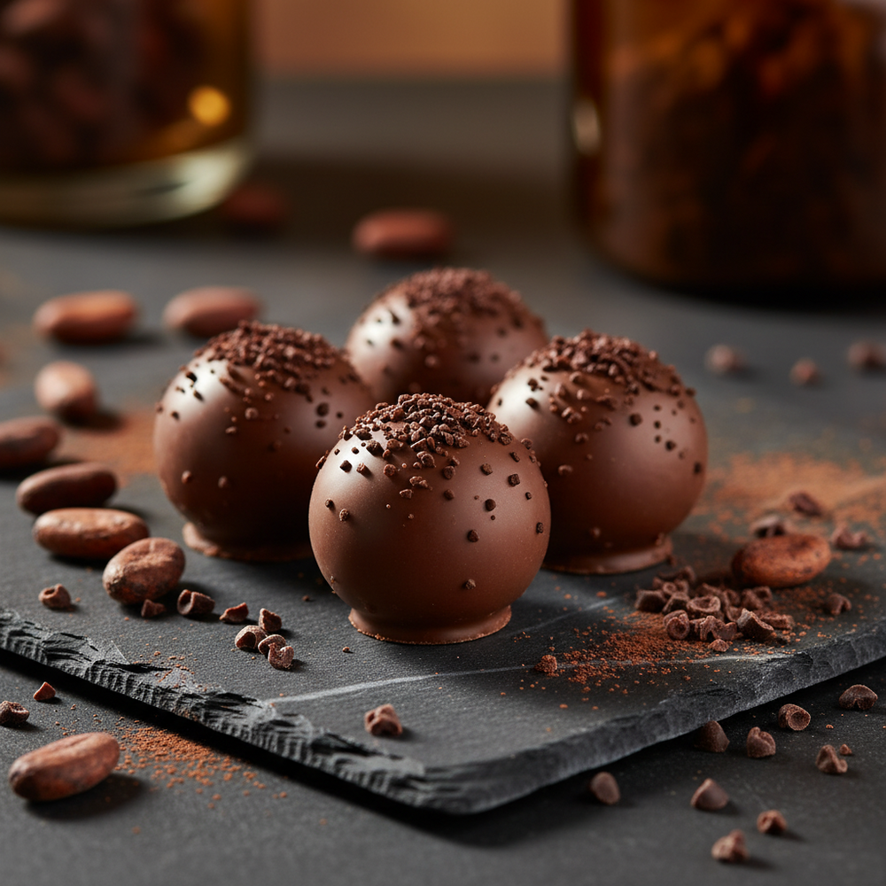 Ickx Stina coffee caramel pralines beside coffee beans on a slate board