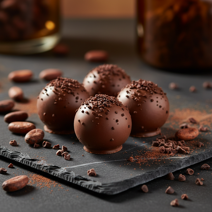 Ickx Stina coffee caramel pralines beside coffee beans on a slate board