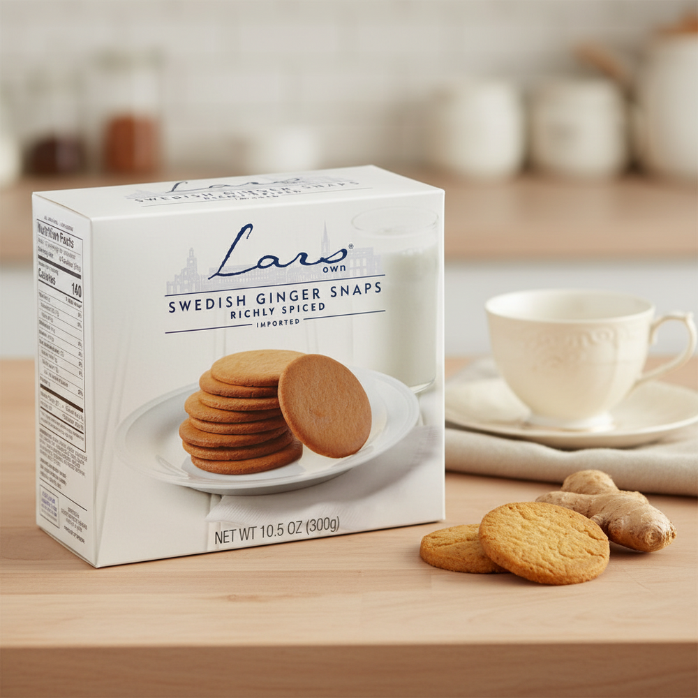 Lars Own Swedish Ginger Snaps 300 g box with cookies and a coffee cup