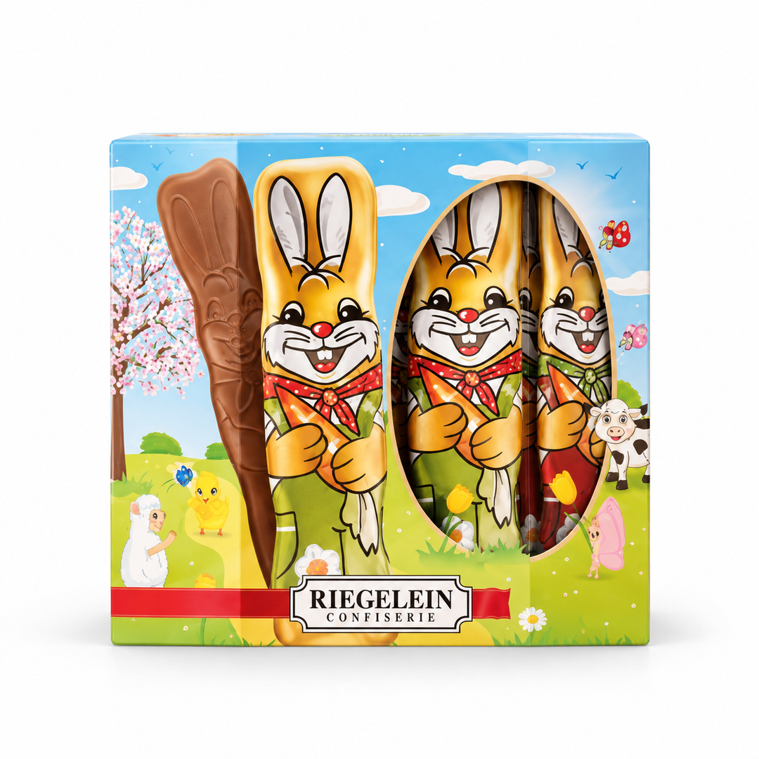 Riegelein Solid Milk Chocolate Easter Bunnies on a white background