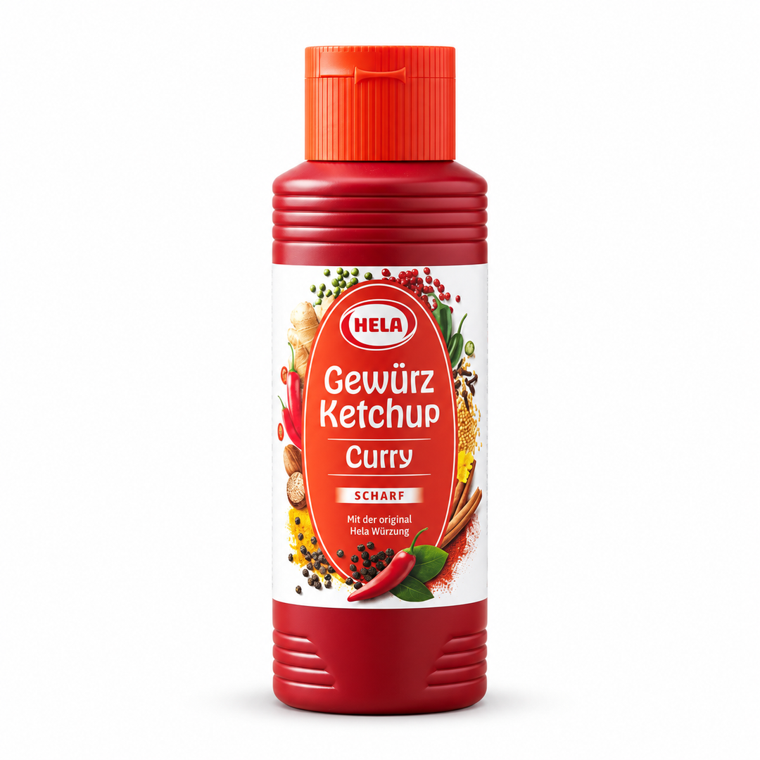 Hela Curry Gewürz Spicy Ketchup bottle on white background