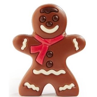 Ickx hollow milk chocolate gingerbread man with red scarf on white