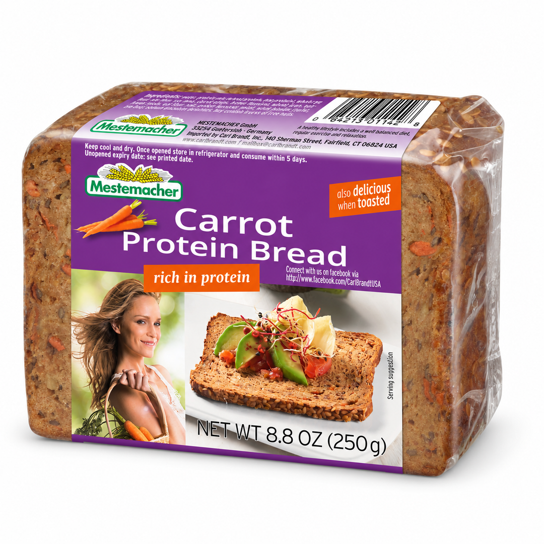 Mestemacher Carrot Protein Bread package on white background