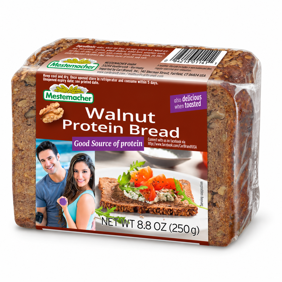 Mestemacher Walnut Protein Bread package on white background