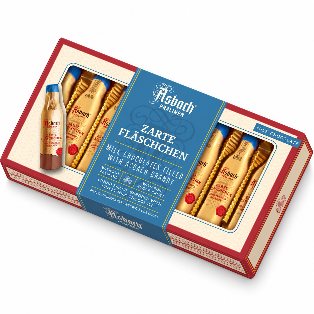 Asbach Brandy Milk Chocolate Bottles 8-piece Gift Box on white background