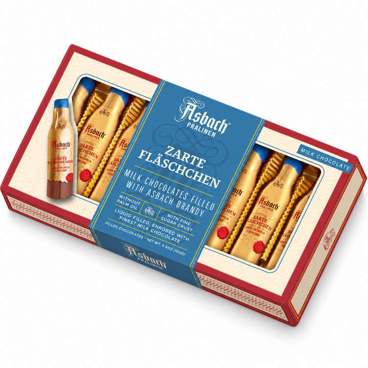 Asbach Brandy Milk Chocolate Bottles 8-piece Gift Box on white background