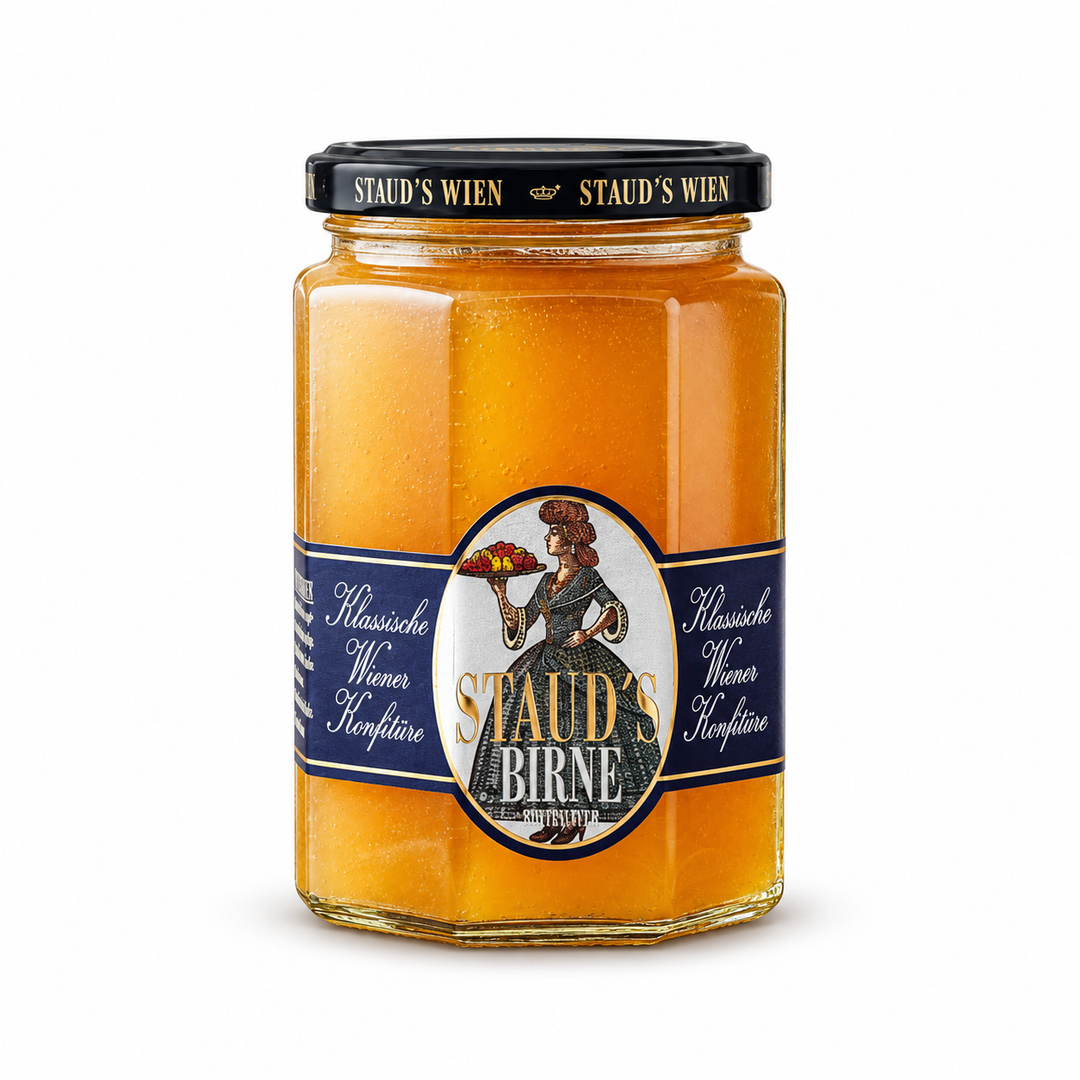 Staud's Pear with Ginger Preserves jar on a white background